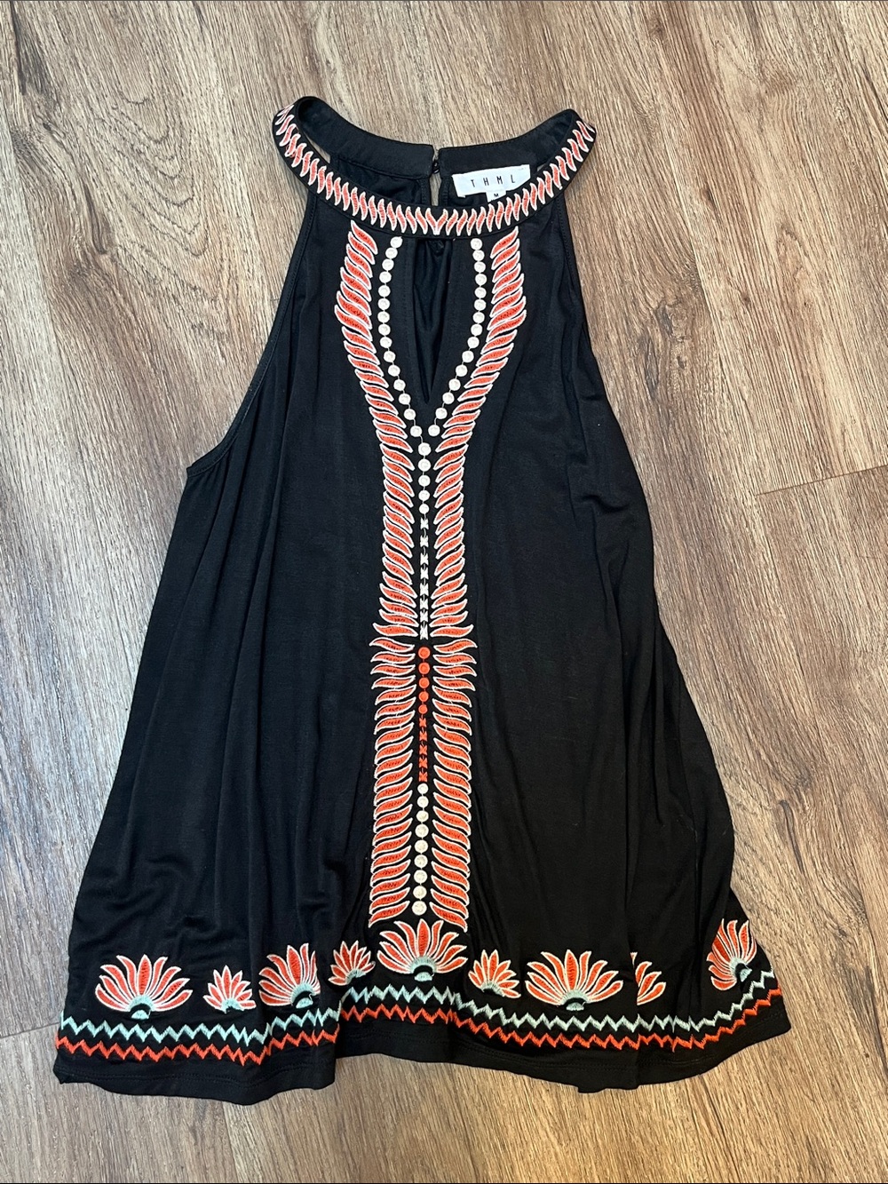 Black Embroidered Halter Top with Coral Accents
